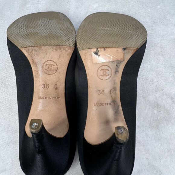 Chanel Shoes Vintage Satin CC Tulle Rosette 80s Cocktail Party Pumps 36 Black - Picture 12 of 13